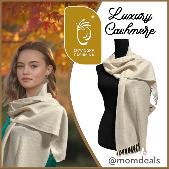 Certified 100%Cashmere Pashmina Nepal Lux Winter Scarf Ivory Fringe Handmade NWT